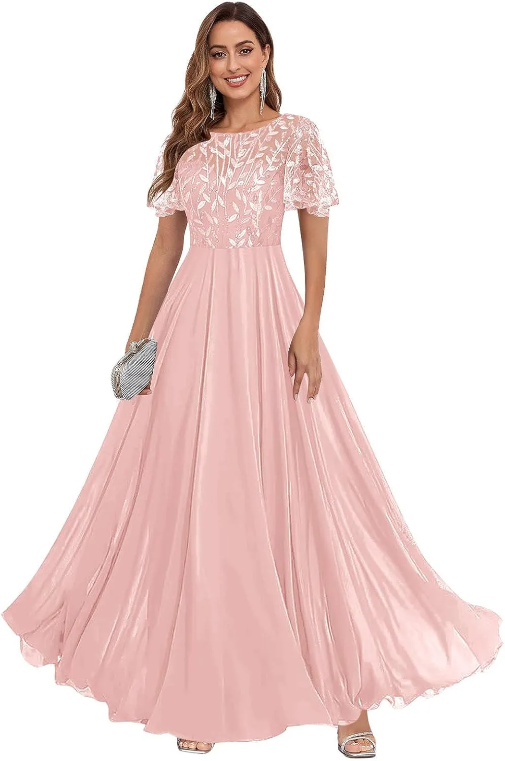 Women's Sequin Lace Mother of The Bride Dresses for Wedding Short Sleeve Formal Evening Gowns with Pockets
