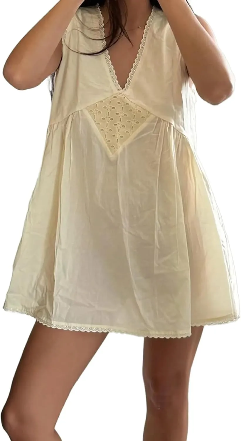 Womens Slip Lace Mini Dress Y2k Aesthetic Summer Flowy Swing Going Out Boho Ruffle Hem Streetwear Short Dresses