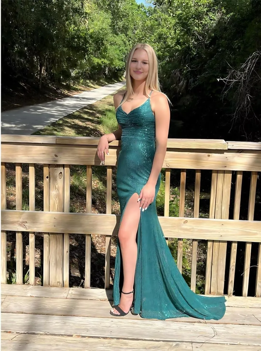 Women's Sparkly Sequins Prom Dresses Long with Slit Spaghetti Straps Cowl Neck Mermaid Formal Party Gowns SR043