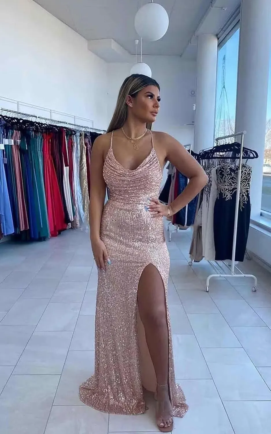 Women's Sparkly Sequins Prom Dresses Long with Slit Spaghetti Straps Cowl Neck Mermaid Formal Party Gowns SR043