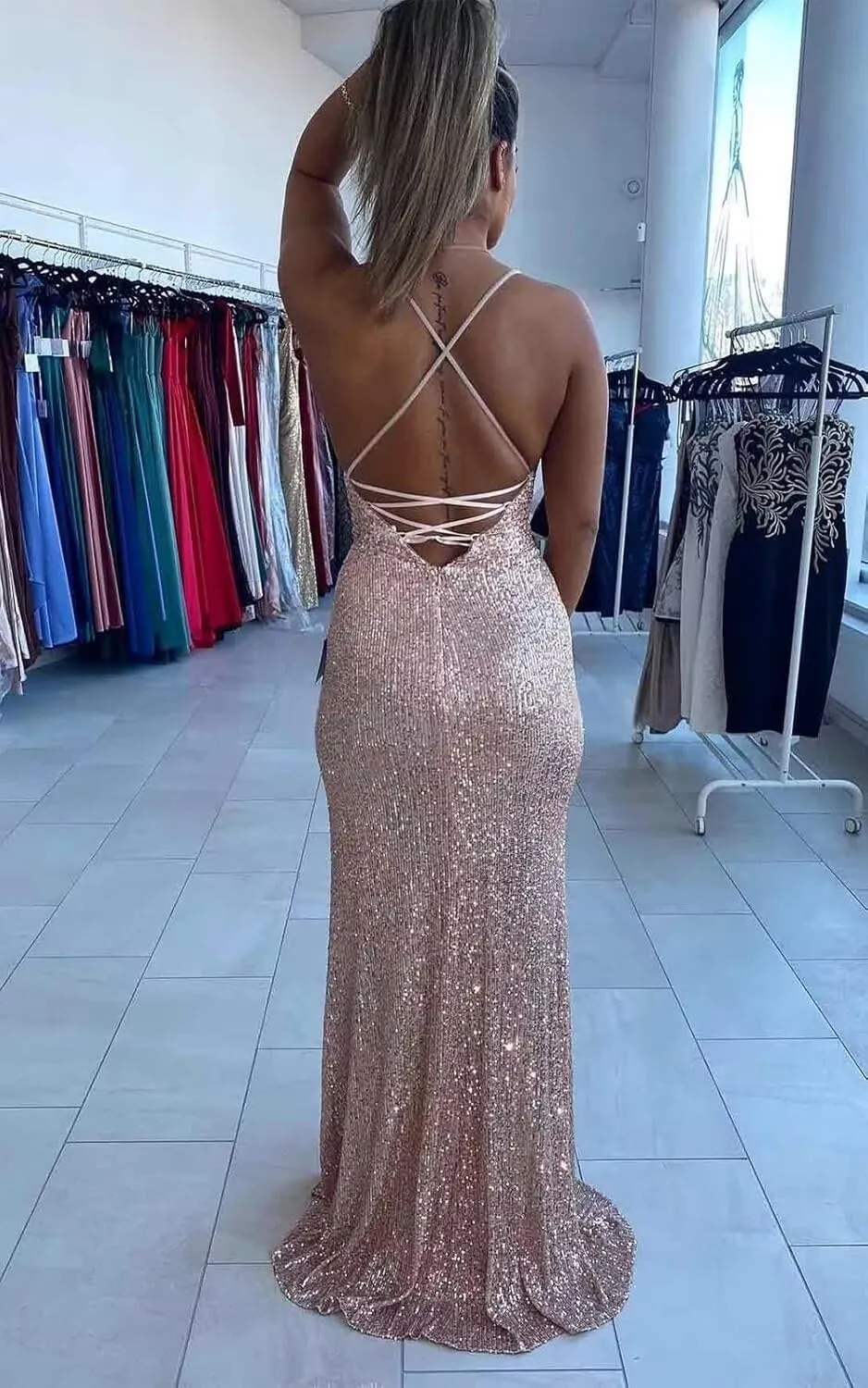 Women's Sparkly Sequins Prom Dresses Long with Slit Spaghetti Straps Cowl Neck Mermaid Formal Party Gowns SR043
