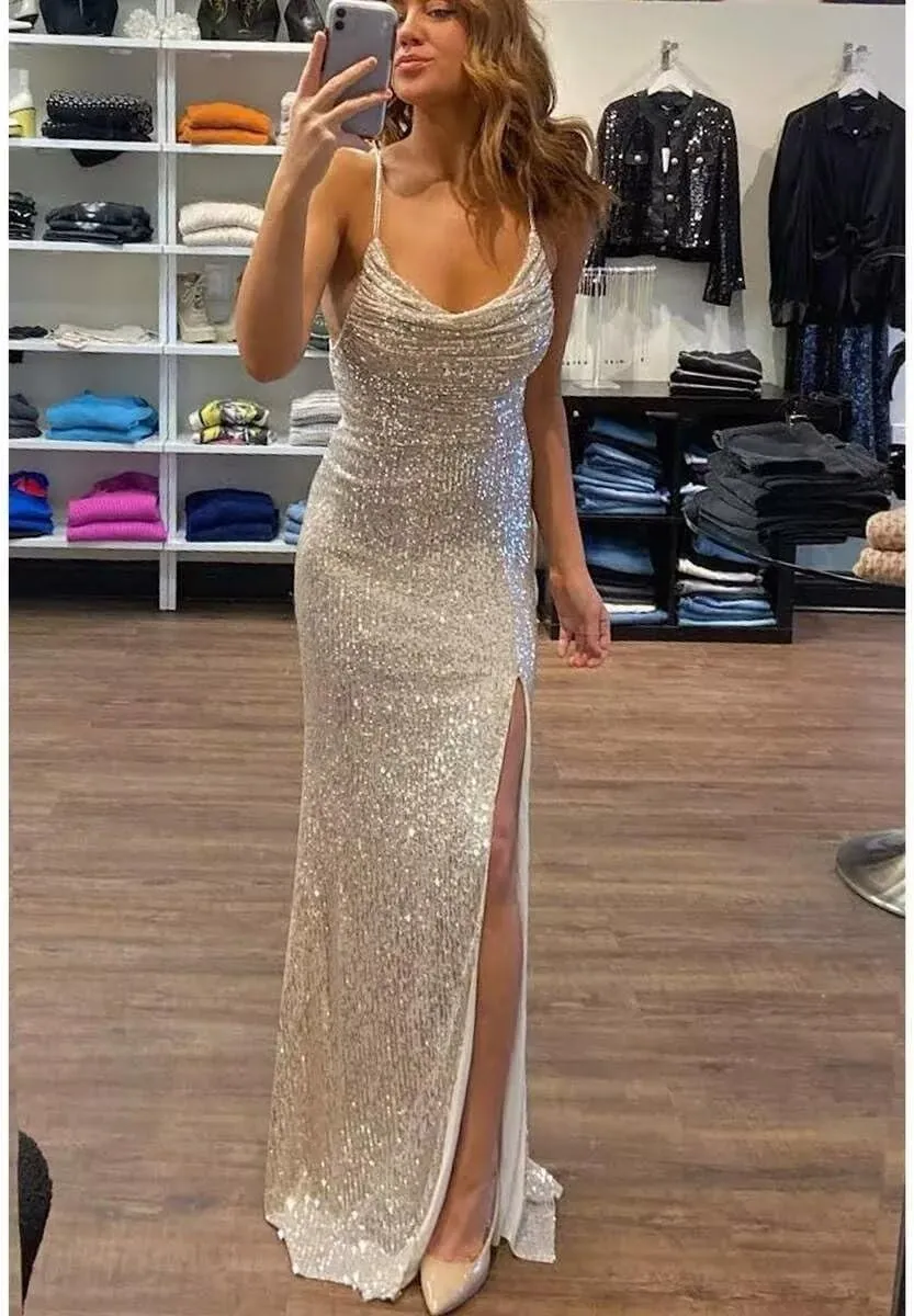 Women's Sparkly Sequins Prom Dresses Long with Slit Spaghetti Straps Cowl Neck Mermaid Formal Party Gowns SR043