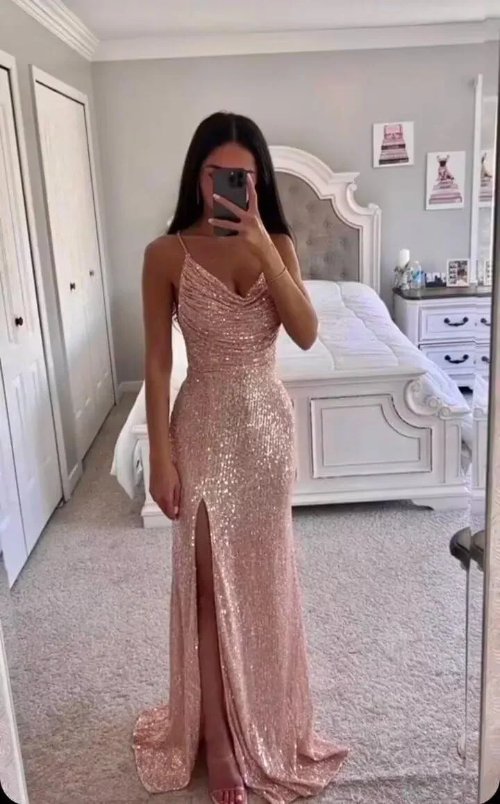 Women's Sparkly Sequins Prom Dresses Long with Slit Spaghetti Straps Cowl Neck Mermaid Formal Party Gowns SR043