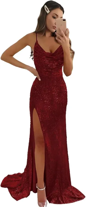 Women's Sparkly Sequins Prom Dresses Long with Slit Spaghetti Straps Cowl Neck Mermaid Formal Party Gowns SR043