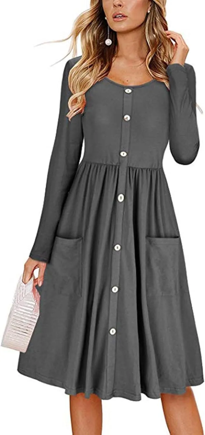 Womens Spring Dresses Casual Long Sleeve Crew Neck Button Down Elegant Swing Midi Dress High Waisted Sundress Holiday Outfits