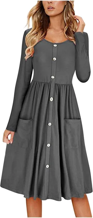Womens Spring Dresses Casual Long Sleeve Crew Neck Button Down Elegant Swing Midi Dress High Waisted Sundress Holiday Outfits