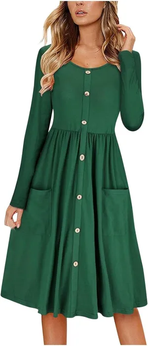 Womens Spring Dresses Casual Long Sleeve Crew Neck Button Down Elegant Swing Midi Dress High Waisted Sundress Holiday Outfits