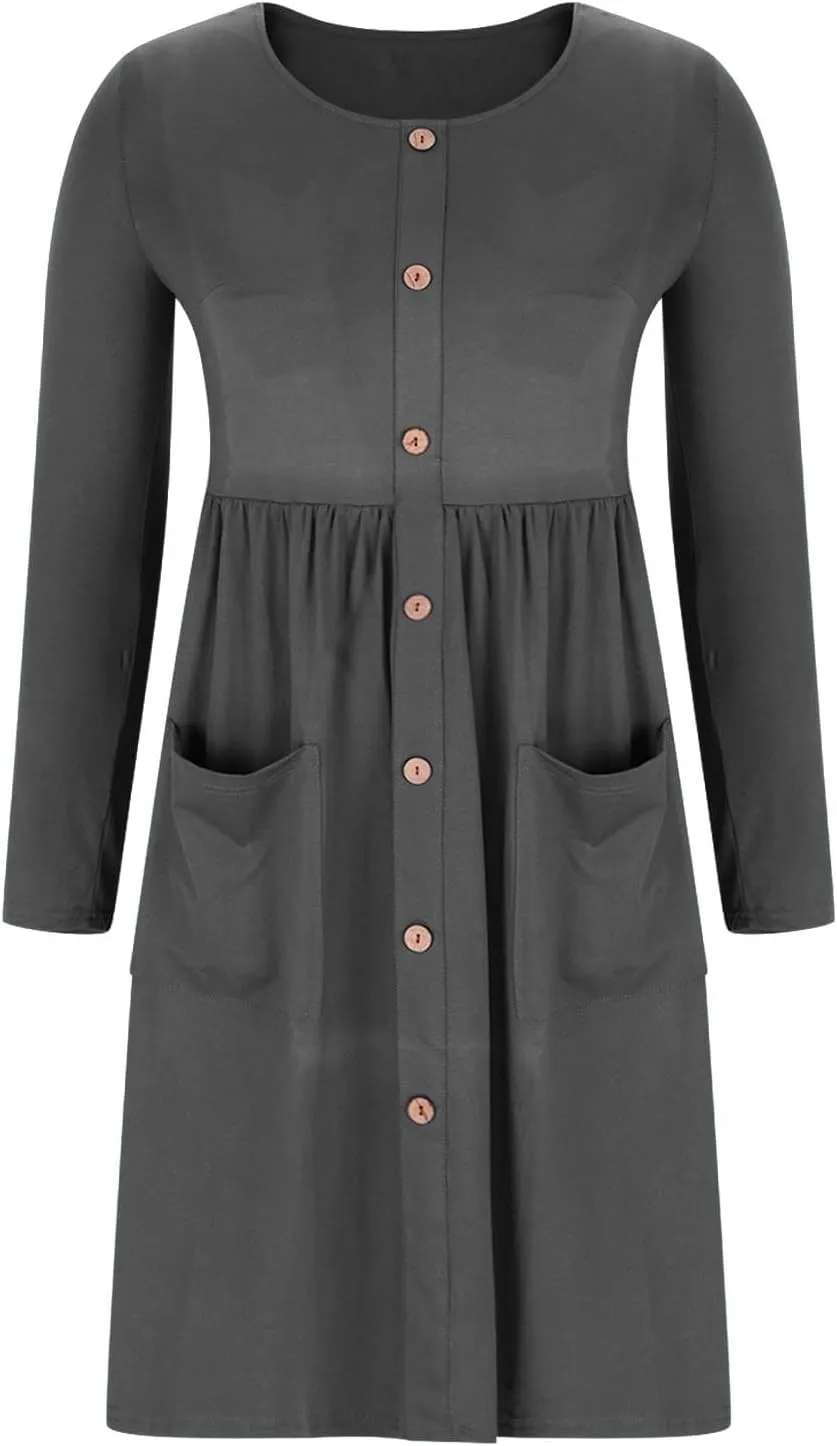 Womens Spring Dresses Casual Long Sleeve Crew Neck Button Down Elegant Swing Midi Dress High Waisted Sundress Holiday Outfits