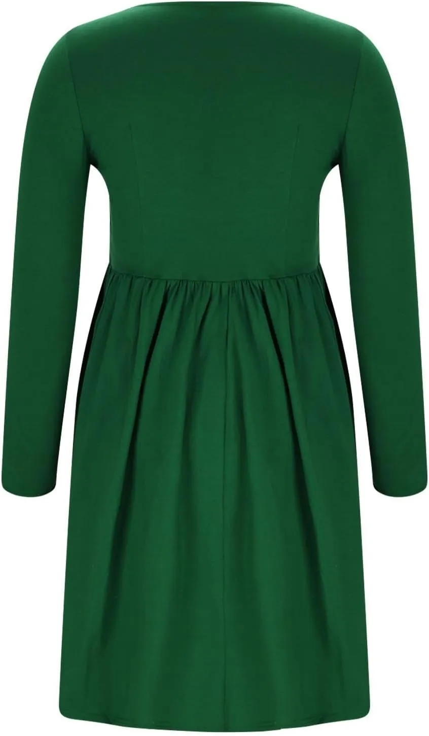Womens Spring Dresses Casual Long Sleeve Crew Neck Button Down Elegant Swing Midi Dress High Waisted Sundress Holiday Outfits