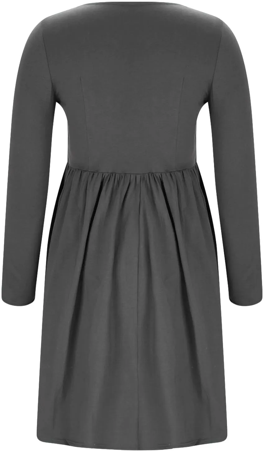 Womens Spring Dresses Casual Long Sleeve Crew Neck Button Down Elegant Swing Midi Dress High Waisted Sundress Holiday Outfits