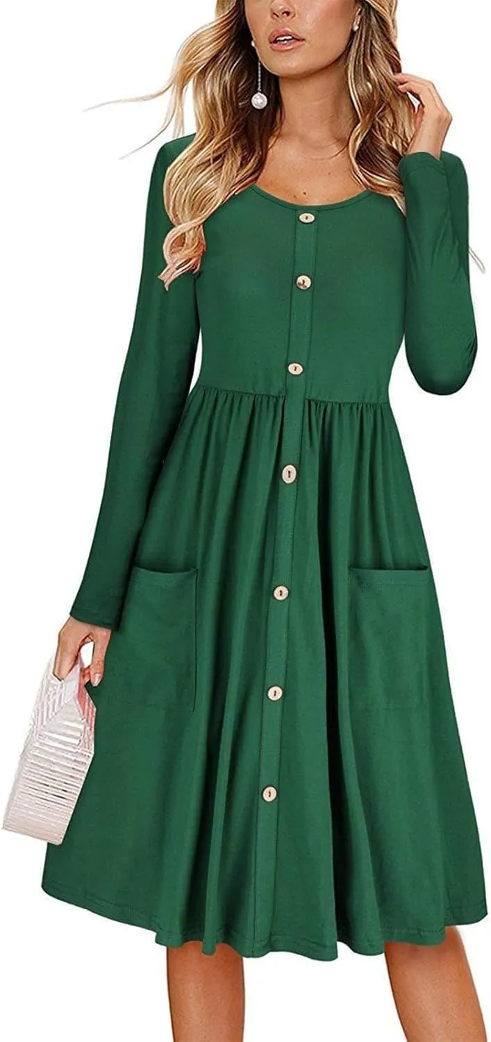 Womens Spring Dresses Casual Long Sleeve Crew Neck Button Down Elegant Swing Midi Dress High Waisted Sundress Holiday Outfits