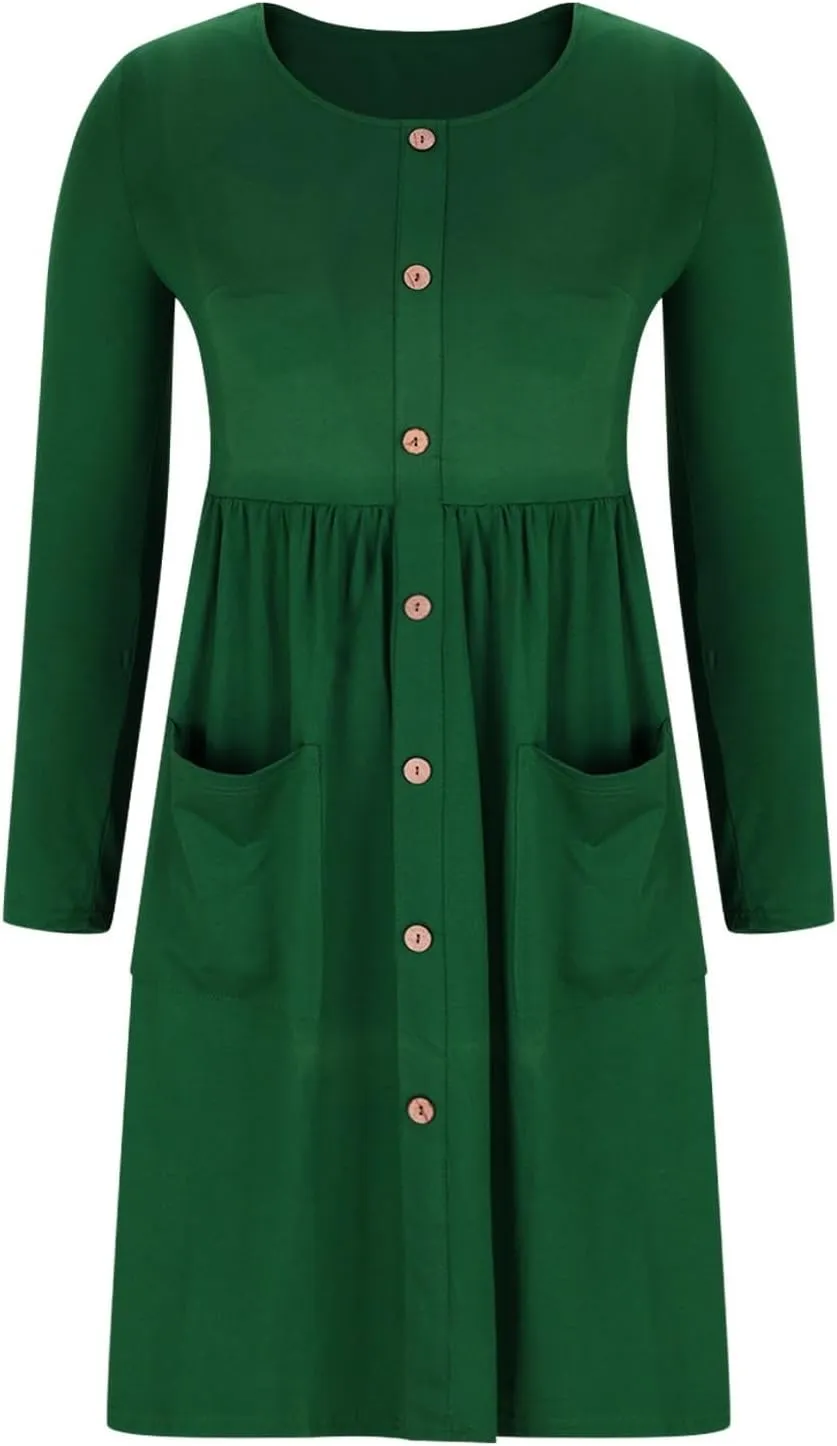 Womens Spring Dresses Casual Long Sleeve Crew Neck Button Down Elegant Swing Midi Dress High Waisted Sundress Holiday Outfits