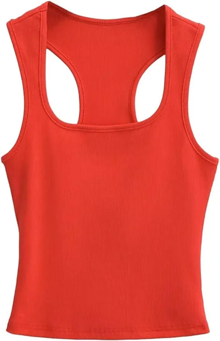 Women's Square Neck Sleeveless Tank Top Back Hollow Out Summer Casual Slim Fit Camisole