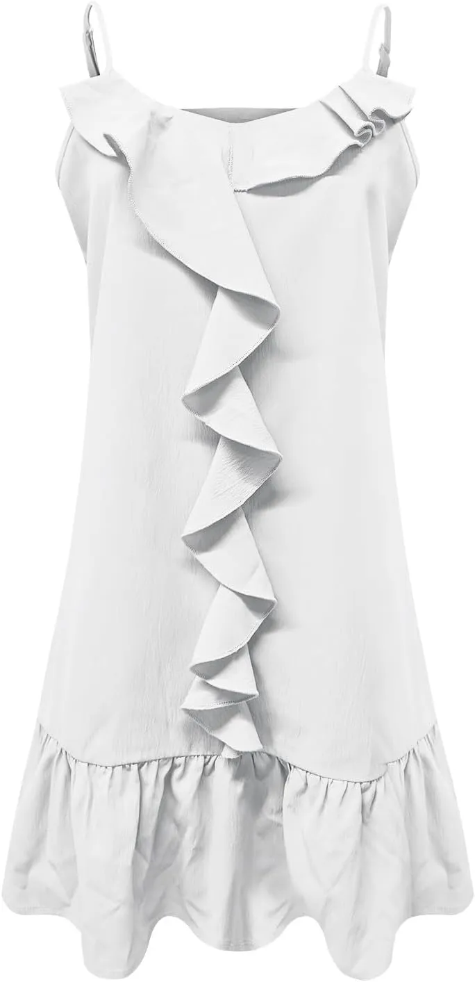 Women's Summer Beach Mini Dress V Neck Sleeveless Ruffle Trim Sundresses Solid Color Casual Loose Flowy Dresses