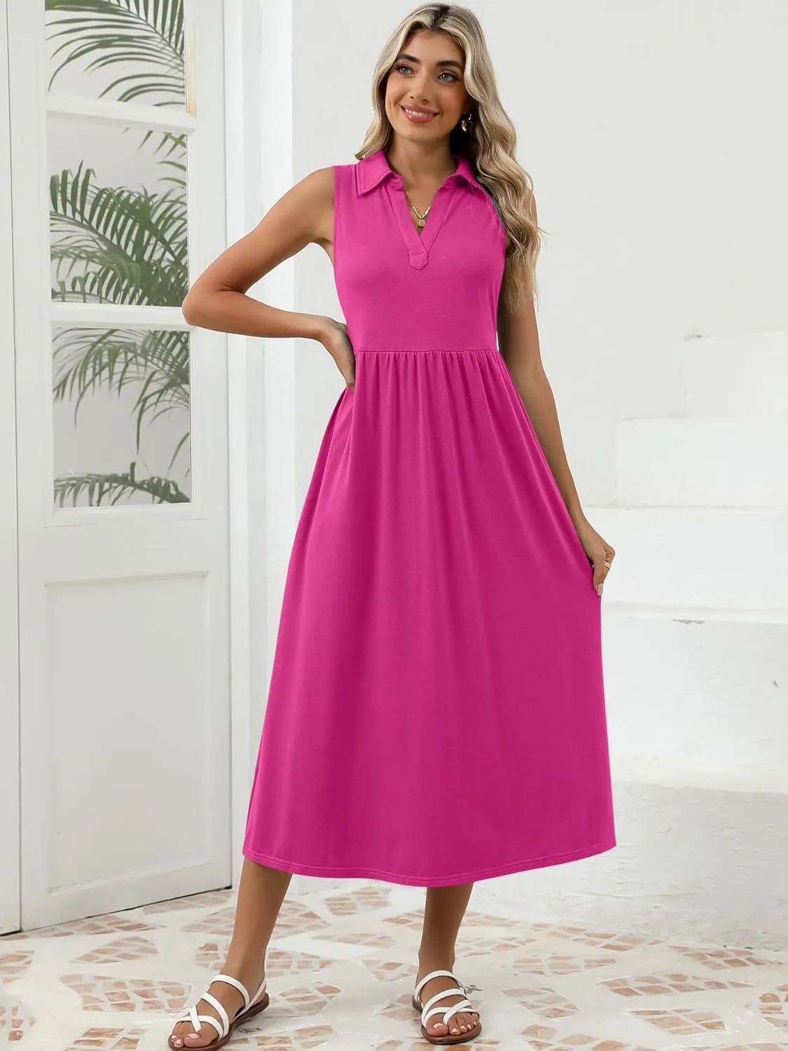Women's Summer Casual Dresses Maxi Sleeveless Sundress V Neck A-Line Fashion Beach Vacation Long Dress