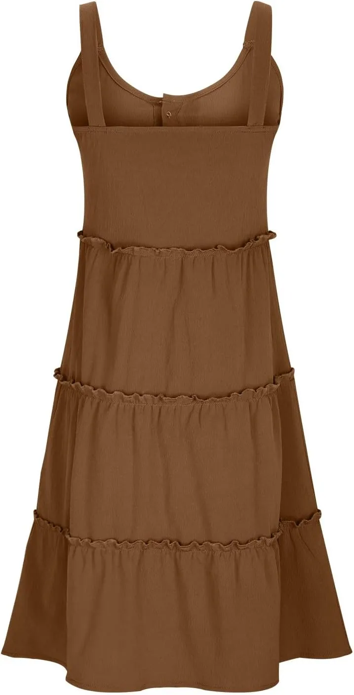 Women's Summer Casual Sleeveless Crew Neck Swing Dress Flowy Tiered Button Down Beach Sundress Ruffle Tiered Mini Dress