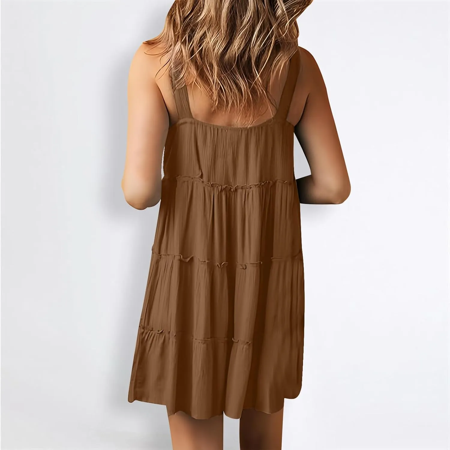 Women's Summer Casual Sleeveless Crew Neck Swing Dress Flowy Tiered Button Down Beach Sundress Ruffle Tiered Mini Dress