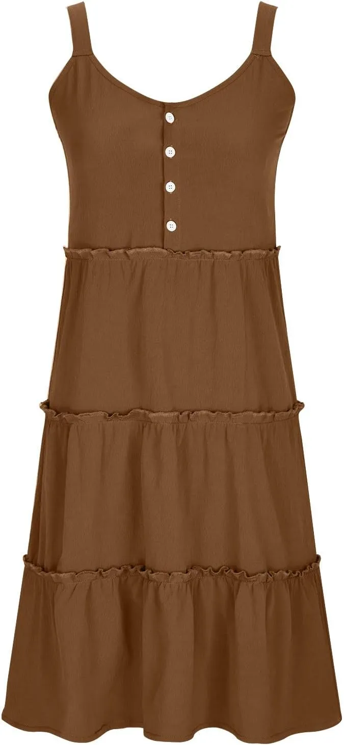 Women's Summer Casual Sleeveless Crew Neck Swing Dress Flowy Tiered Button Down Beach Sundress Ruffle Tiered Mini Dress