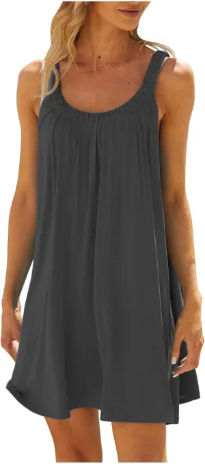 Womens Summer Dress Vacation 2024 Plus Size Solid Color Flowy Sun Dresses Casual Sleeveless Knee Length Dresses