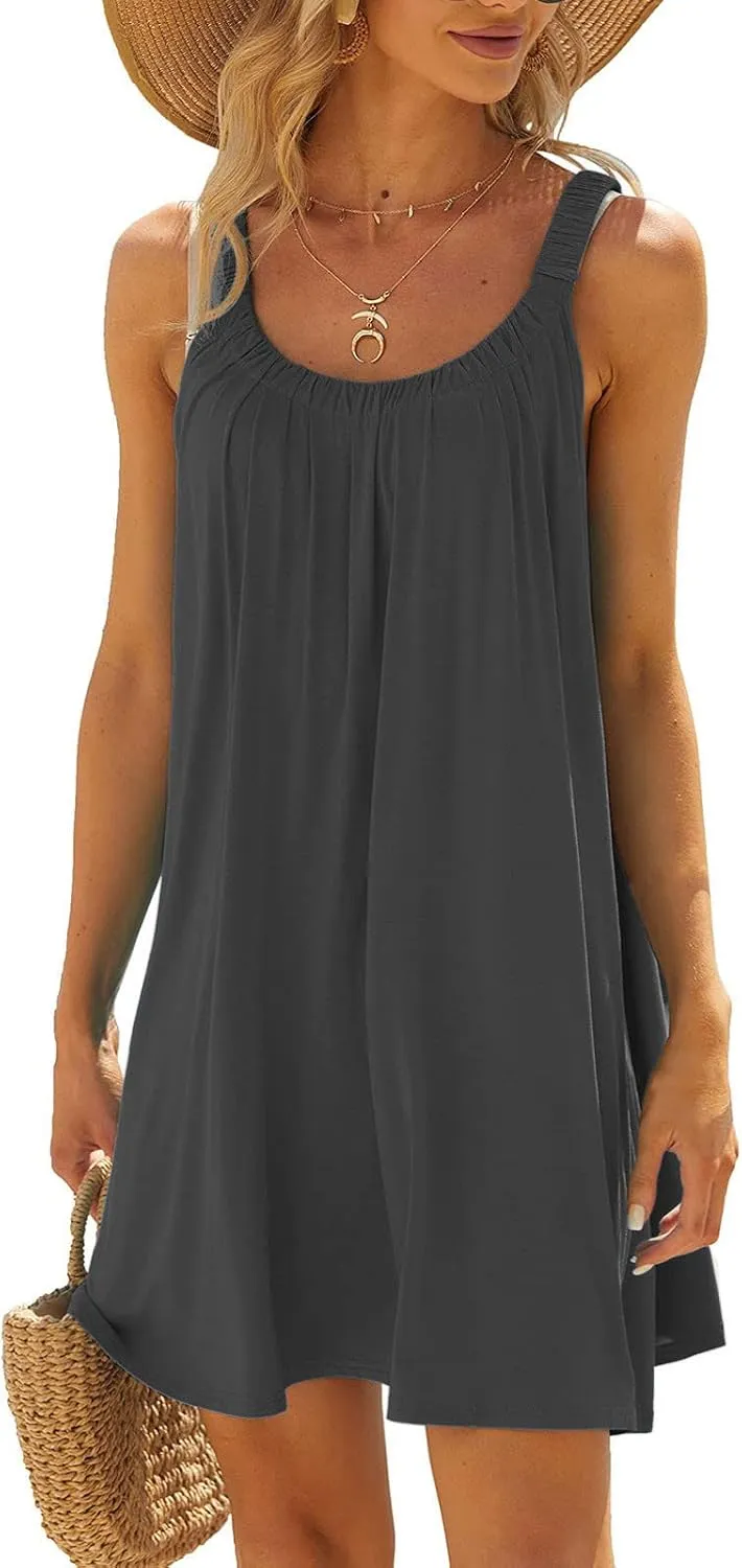 Womens Summer Dress Vacation 2024 Plus Size Solid Color Flowy Sun Dresses Casual Sleeveless Knee Length Dresses