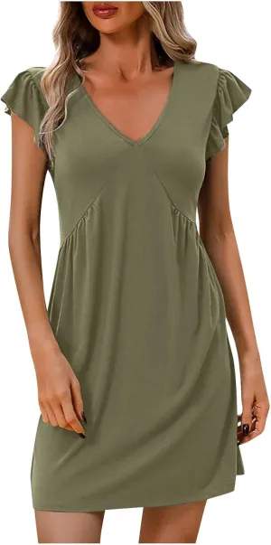 Women's Summer Dresses 2025 Beach Casual Tunic Dress Sexy Deep V Neck Loose Sundress Ruffle Cap Sleeve Mini Dresses