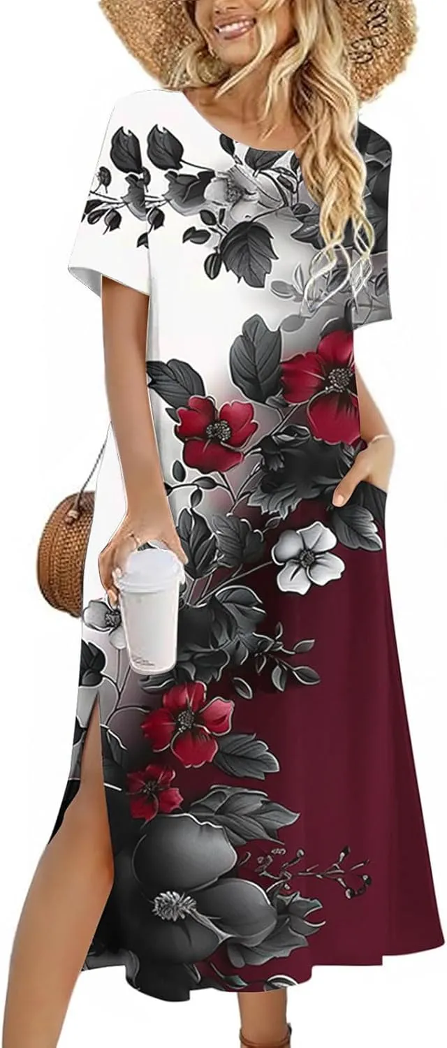 Womens Summer Dresses Casual Boho Floral Print Short Sleeve Midi Sundress Loose Fit Fashion Dress with Pockets