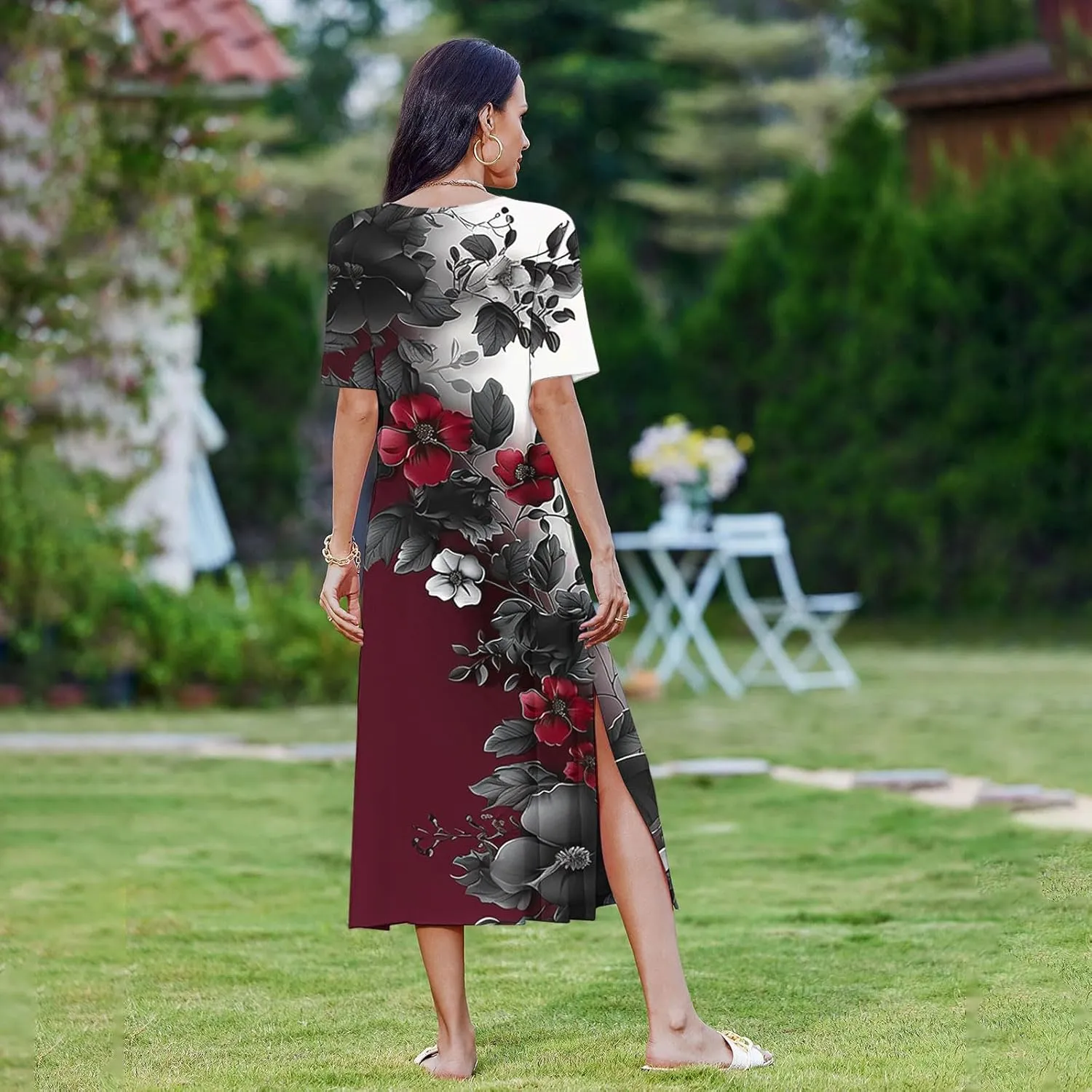 Womens Summer Dresses Casual Boho Floral Print Short Sleeve Midi Sundress Loose Fit Fashion Dress with Pockets