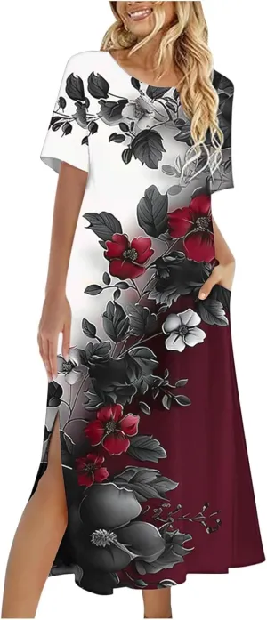 Womens Summer Dresses Casual Boho Floral Print Short Sleeve Midi Sundress Loose Fit Fashion Dress with Pockets