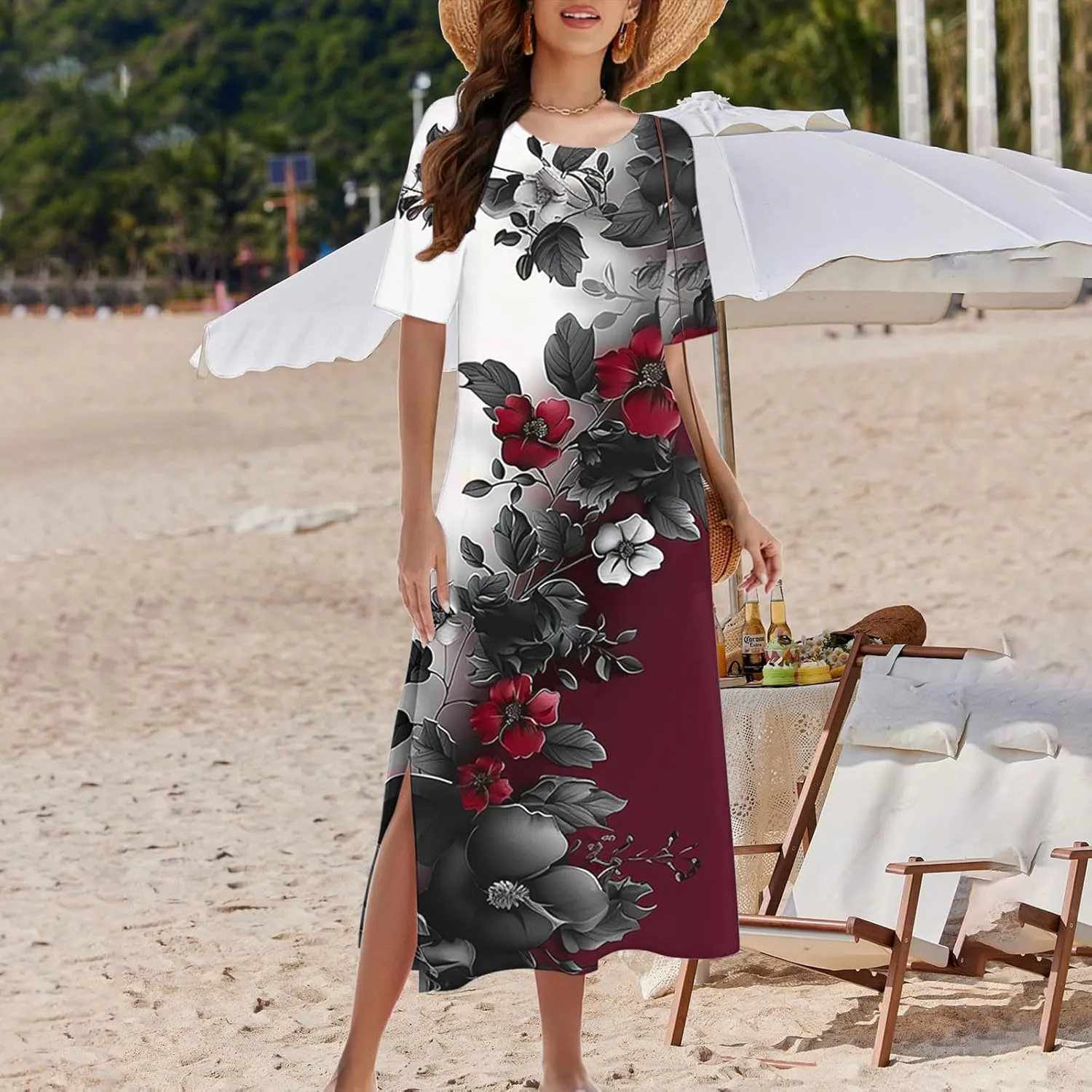 Womens Summer Dresses Casual Boho Floral Print Short Sleeve Midi Sundress Loose Fit Fashion Dress with Pockets