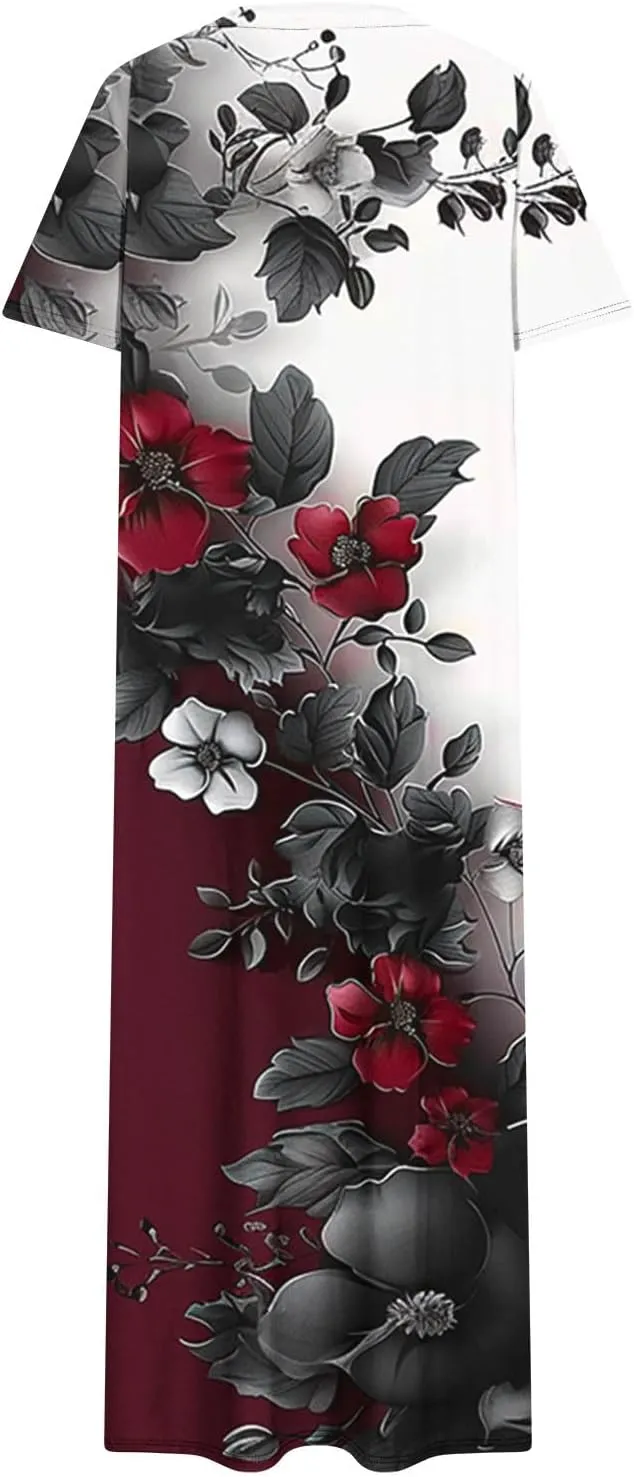 Womens Summer Dresses Casual Boho Floral Print Short Sleeve Midi Sundress Loose Fit Fashion Dress with Pockets