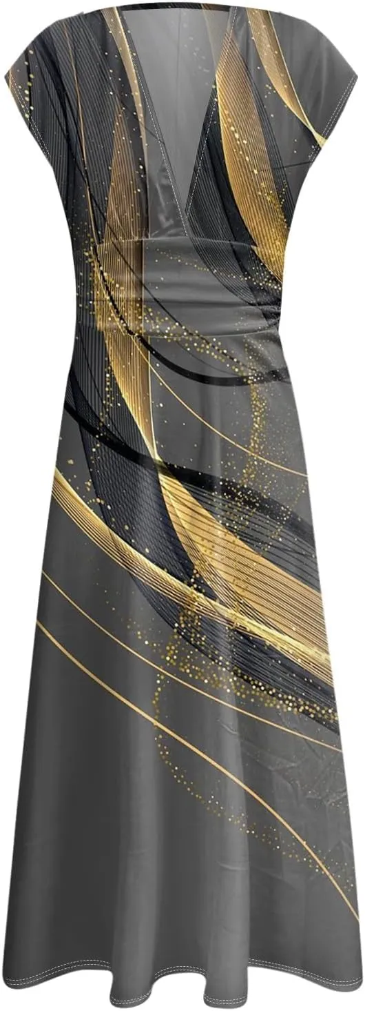 Womens Summer Dresses Flowy Ruched Sleeveless Sundress Floral Print Wrap V Neck Maxi Dress High Waist Boho Dress