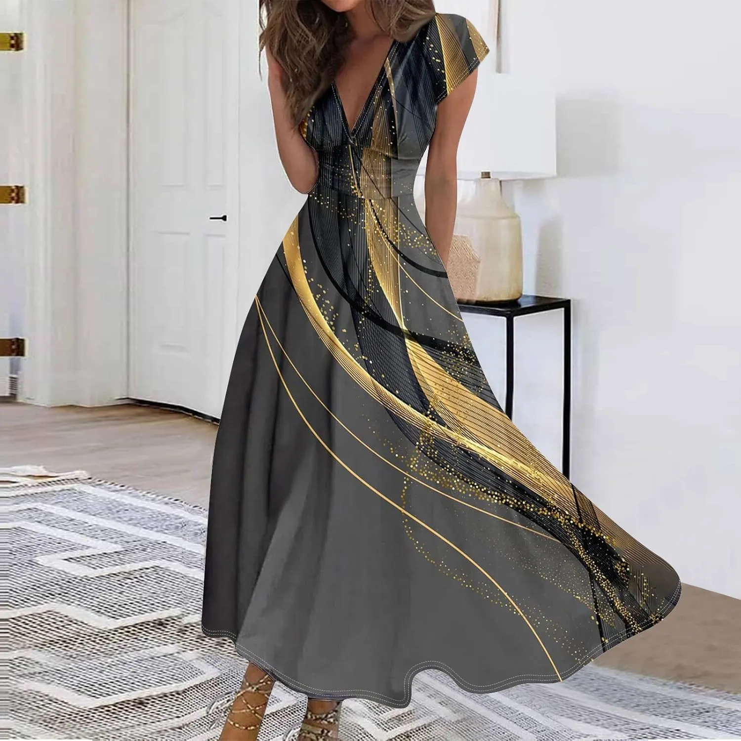 Womens Summer Dresses Flowy Ruched Sleeveless Sundress Floral Print Wrap V Neck Maxi Dress High Waist Boho Dress