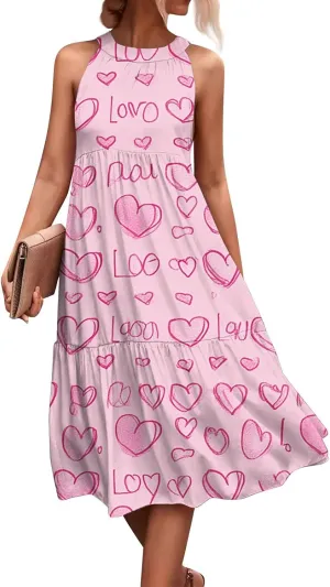 Womens Summer Dresses Hanging Neck Floral Print Midi Dresses Splicing Sleeveless Sundresses Casual Beach Dress