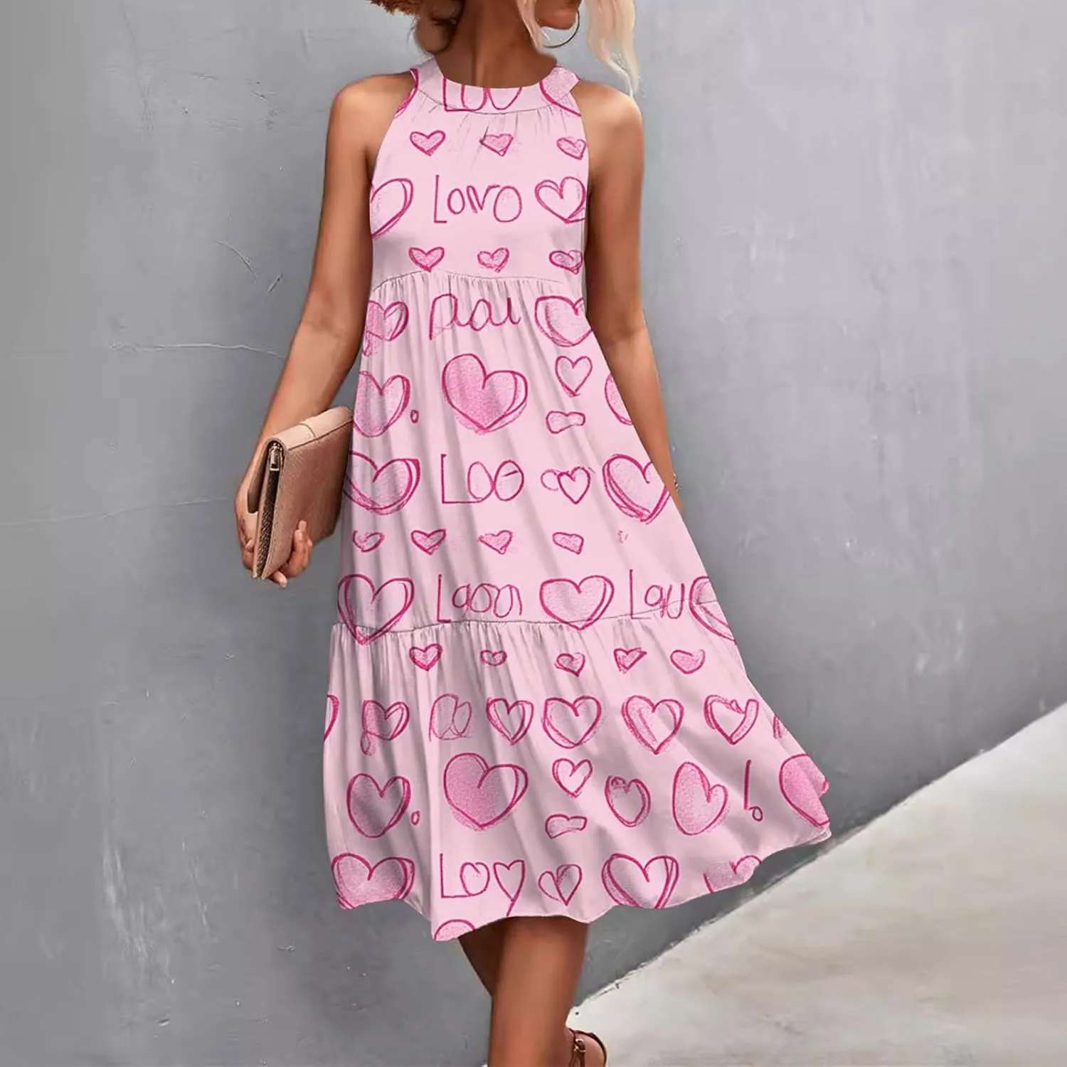 Womens Summer Dresses Hanging Neck Floral Print Midi Dresses Splicing Sleeveless Sundresses Casual Beach Dress