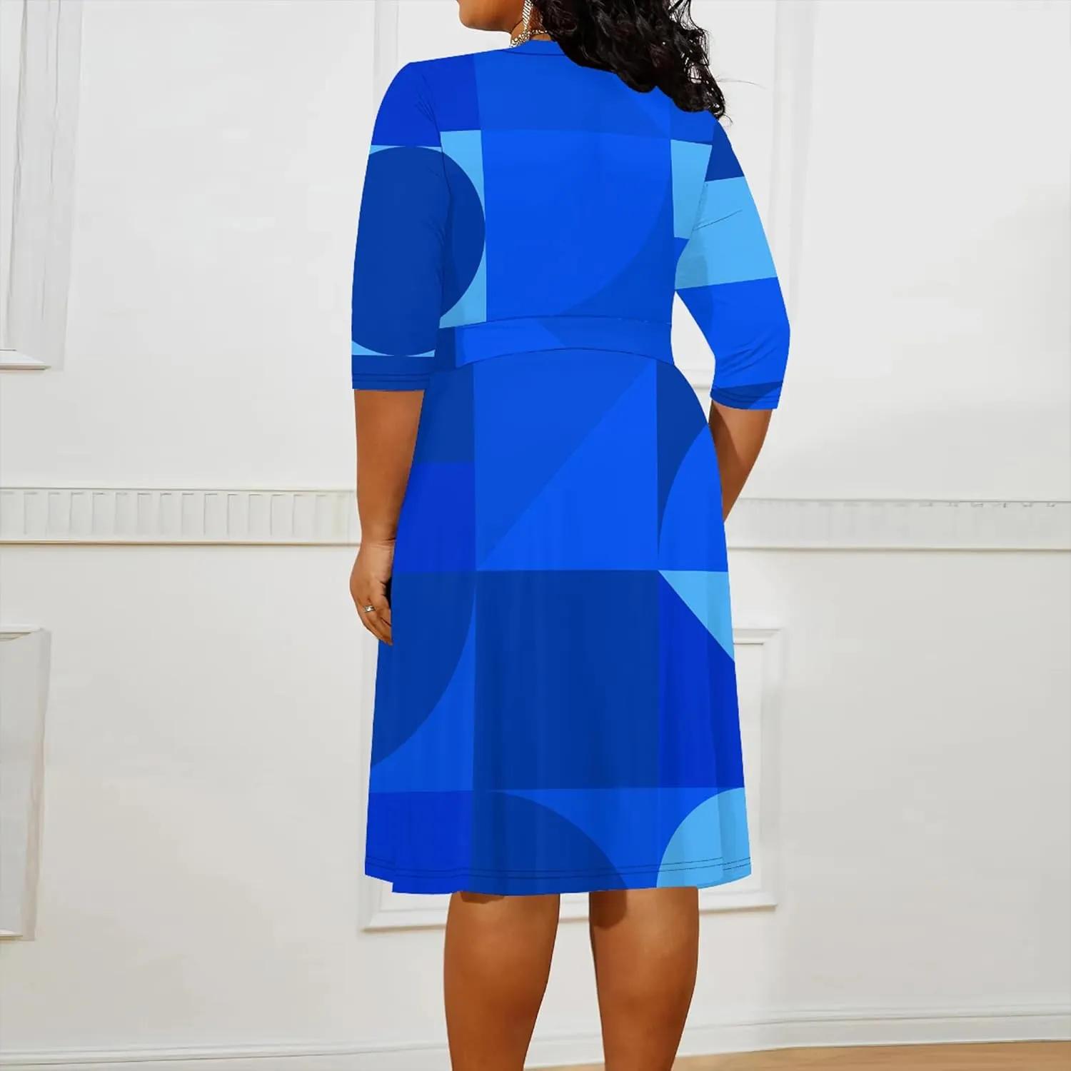 Women's Summer Plus Size Midi Dress 3/4 Sleeves V Neck Sexy Curvy Wrap Geometric Pattern Party Club Dresses with Belt
