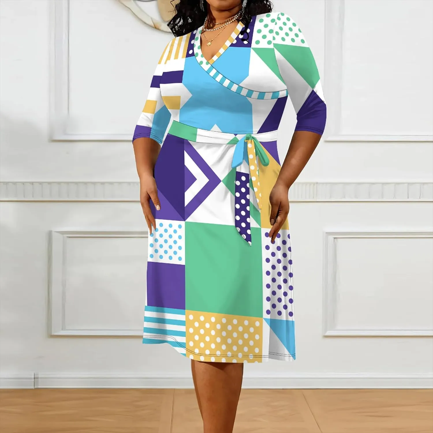Women's Summer Plus Size Midi Dress 3/4 Sleeves V Neck Sexy Curvy Wrap Geometric Pattern Party Club Dresses with Belt