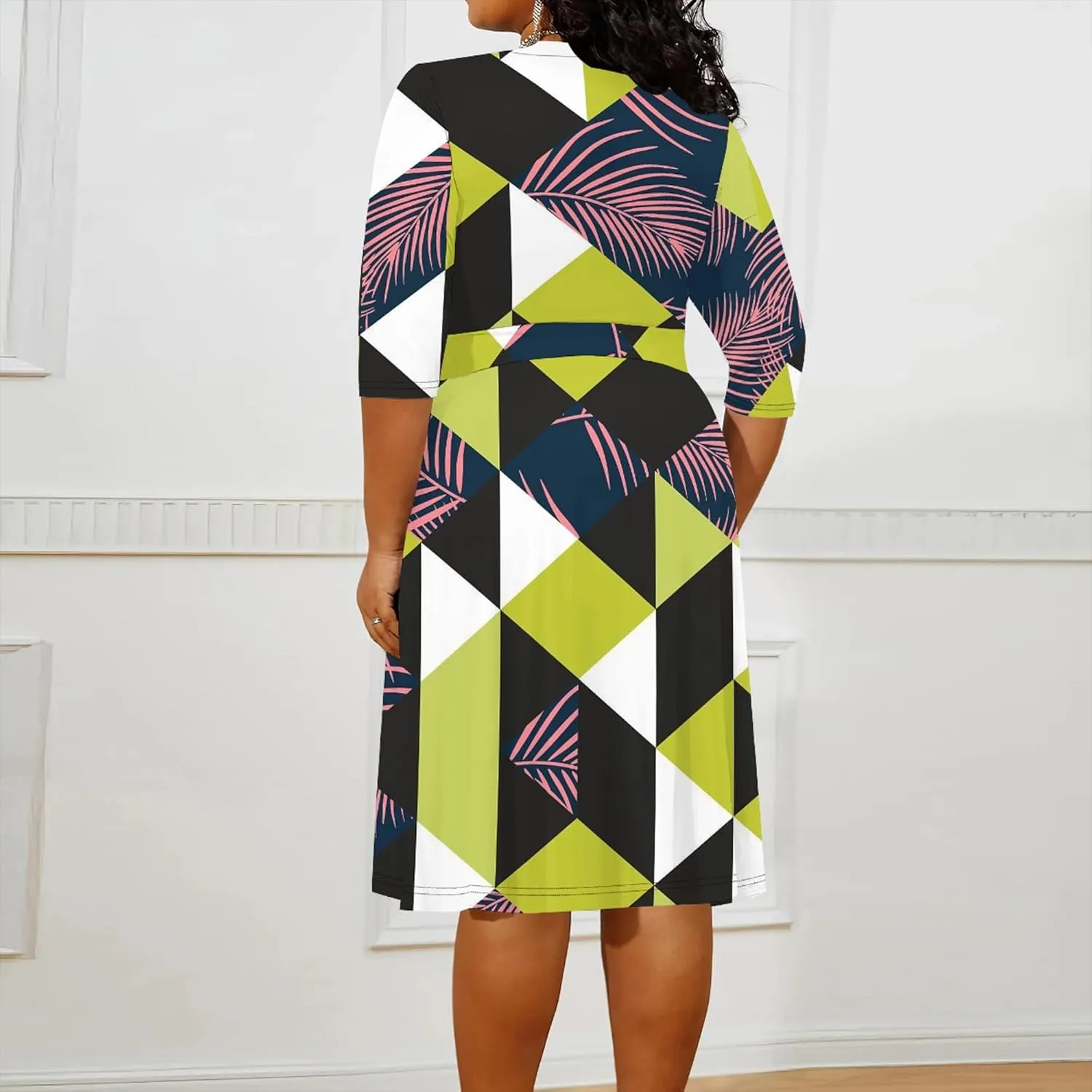 Women's Summer Plus Size Midi Dress 3/4 Sleeves V Neck Sexy Curvy Wrap Geometric Pattern Party Club Dresses with Belt