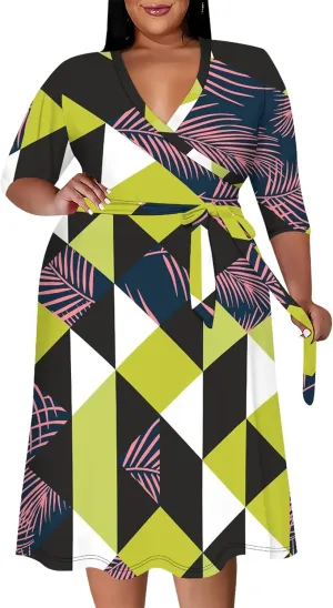 Women's Summer Plus Size Midi Dress 3/4 Sleeves V Neck Sexy Curvy Wrap Geometric Pattern Party Club Dresses with Belt