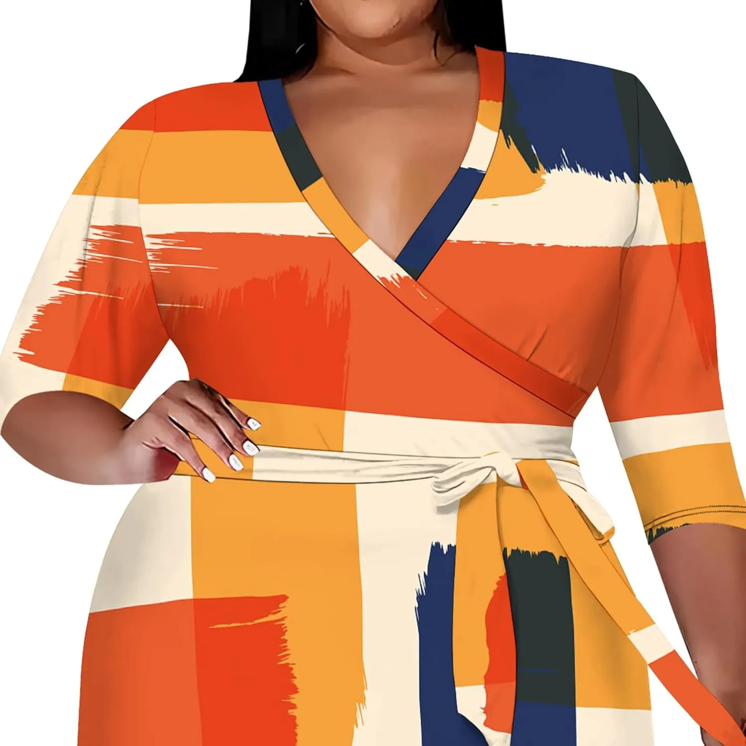 Women's Summer Plus Size Midi Dress 3/4 Sleeves V Neck Sexy Curvy Wrap Geometric Pattern Party Club Dresses with Belt