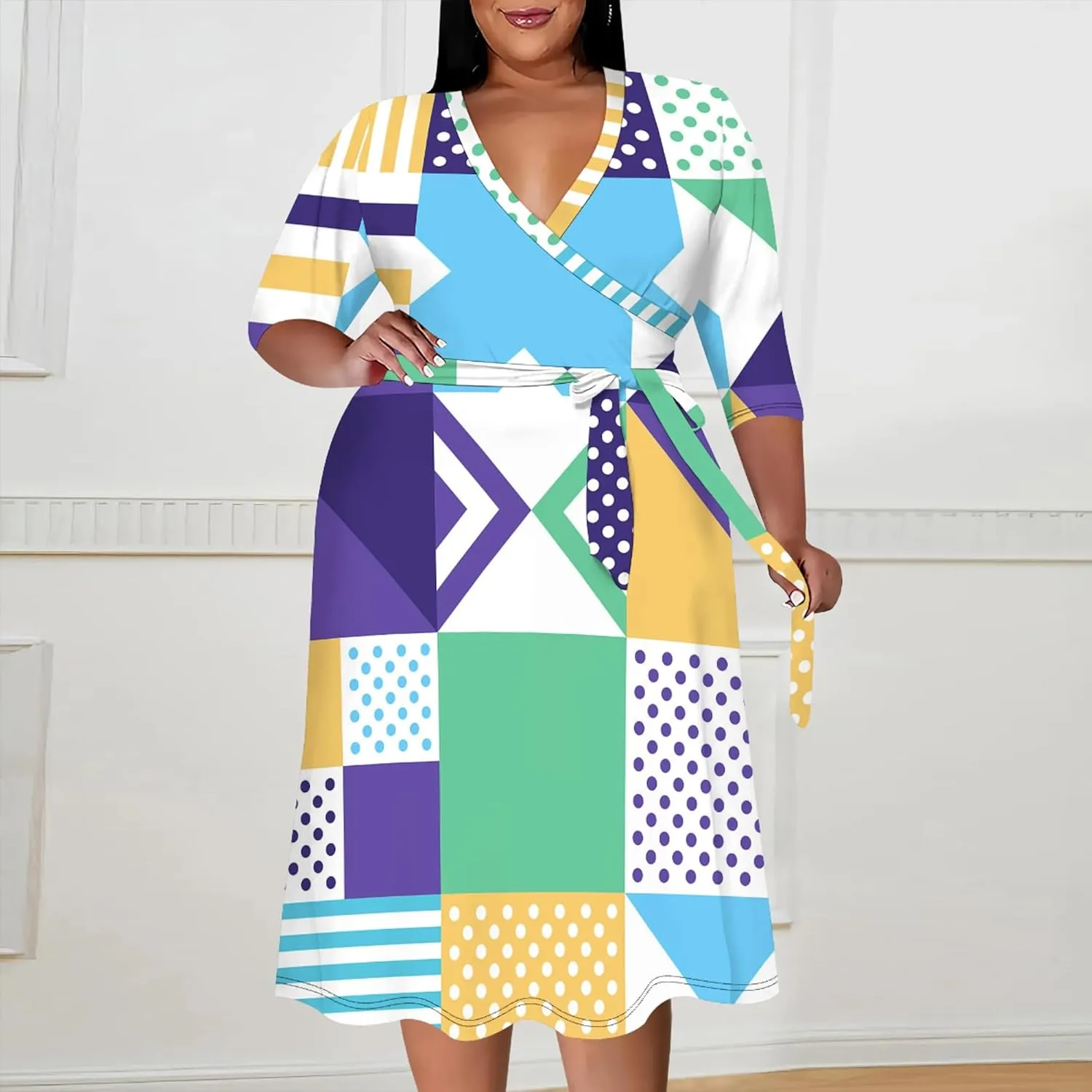 Women's Summer Plus Size Midi Dress 3/4 Sleeves V Neck Sexy Curvy Wrap Geometric Pattern Party Club Dresses with Belt