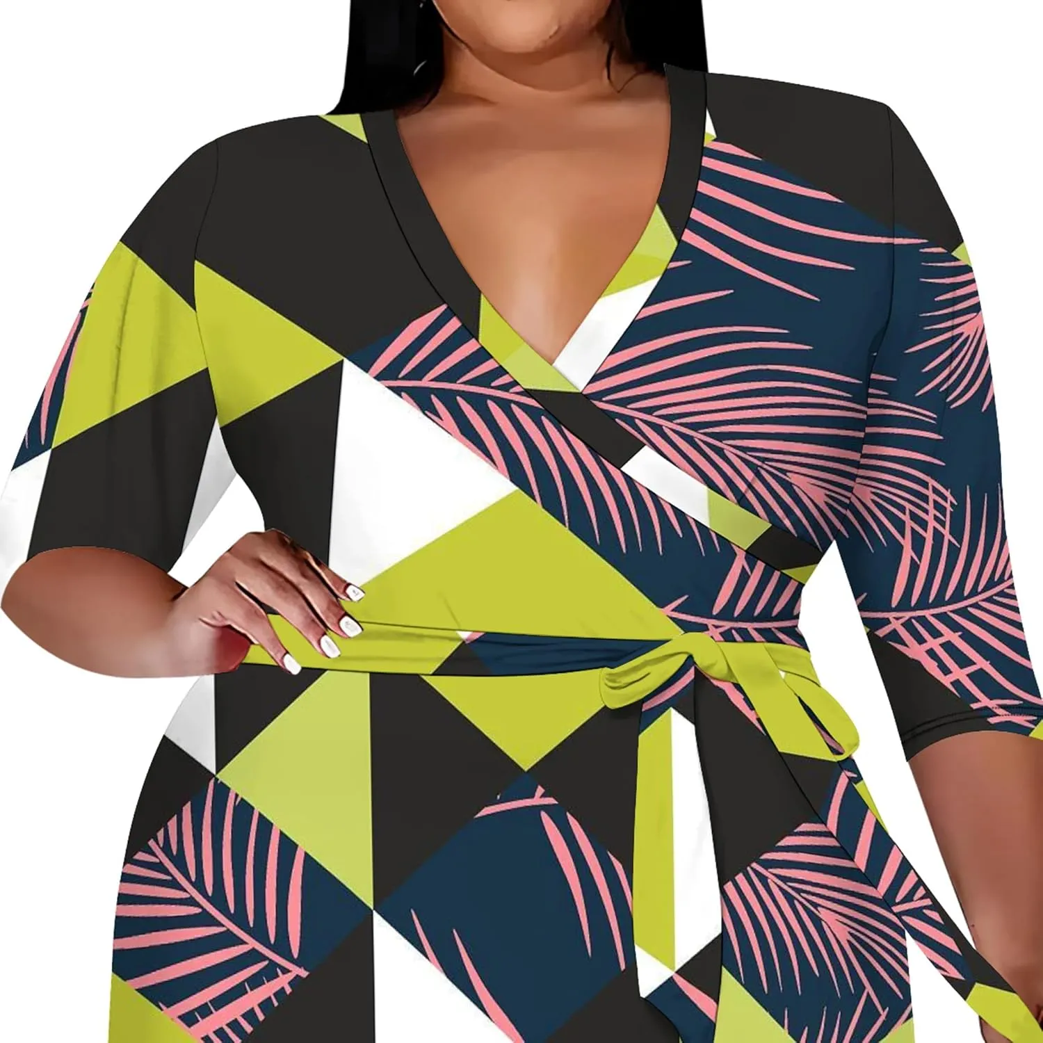 Women's Summer Plus Size Midi Dress 3/4 Sleeves V Neck Sexy Curvy Wrap Geometric Pattern Party Club Dresses with Belt