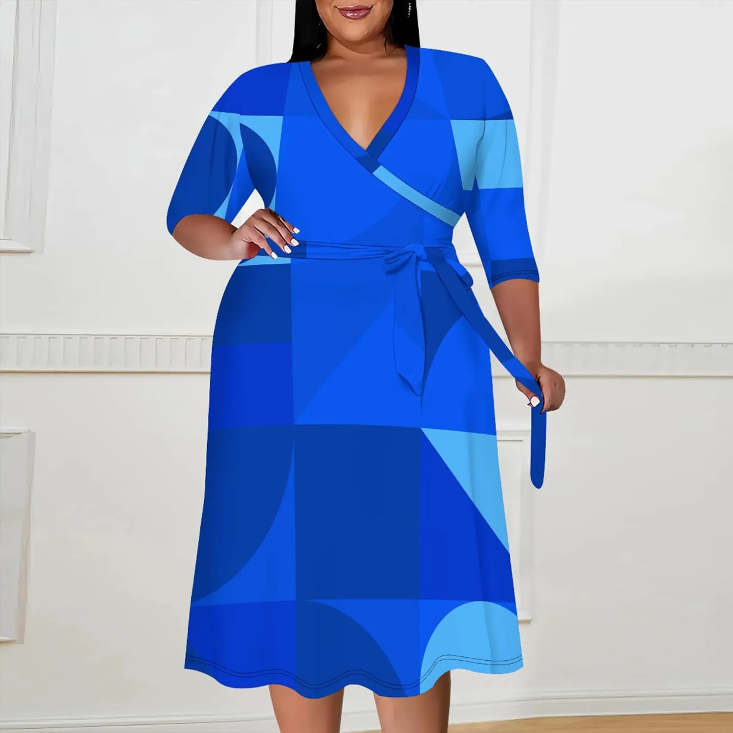 Women's Summer Plus Size Midi Dress 3/4 Sleeves V Neck Sexy Curvy Wrap Geometric Pattern Party Club Dresses with Belt