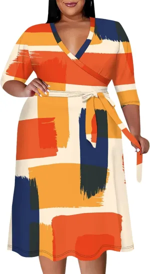 Women's Summer Plus Size Midi Dress 3/4 Sleeves V Neck Sexy Curvy Wrap Geometric Pattern Party Club Dresses with Belt