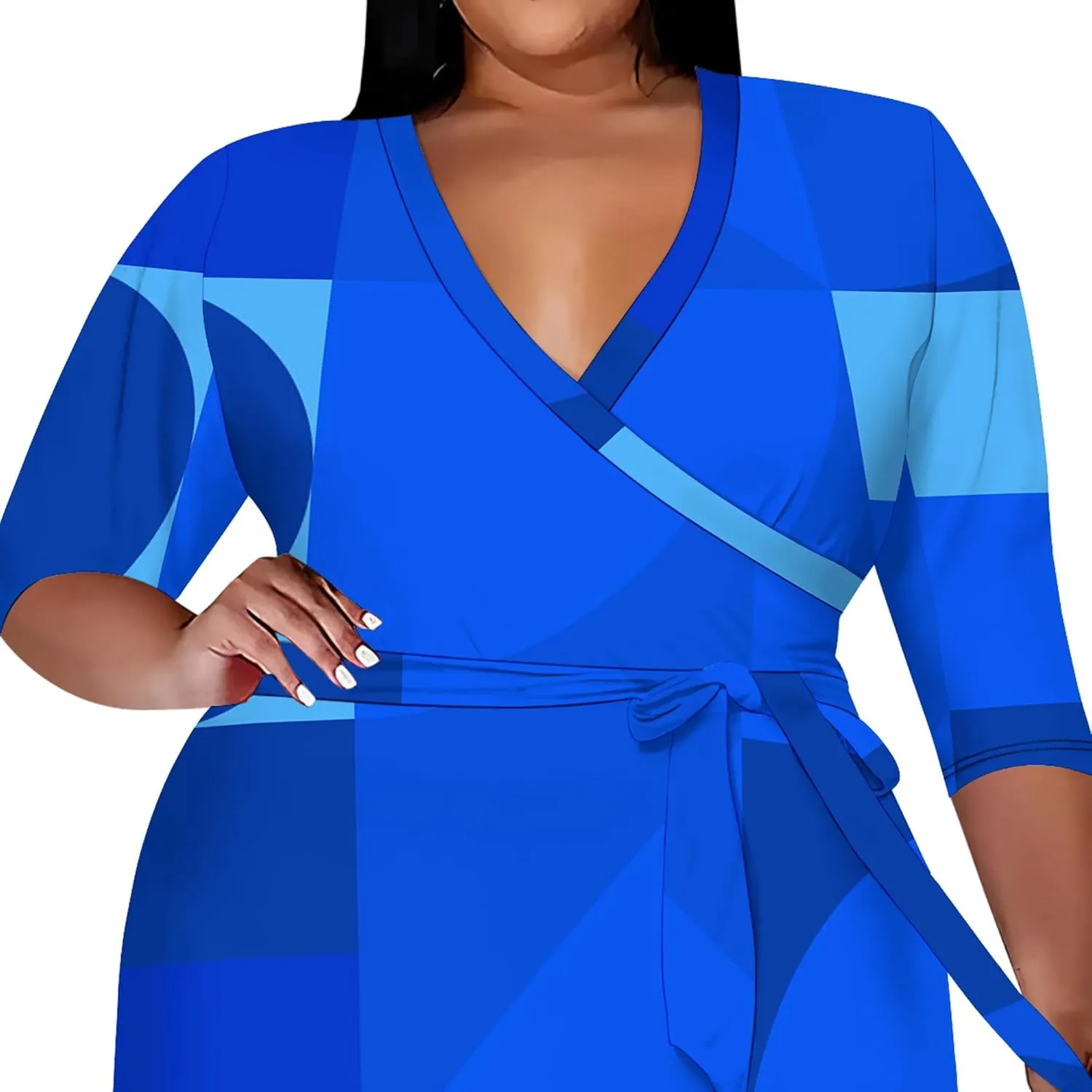 Women's Summer Plus Size Midi Dress 3/4 Sleeves V Neck Sexy Curvy Wrap Geometric Pattern Party Club Dresses with Belt