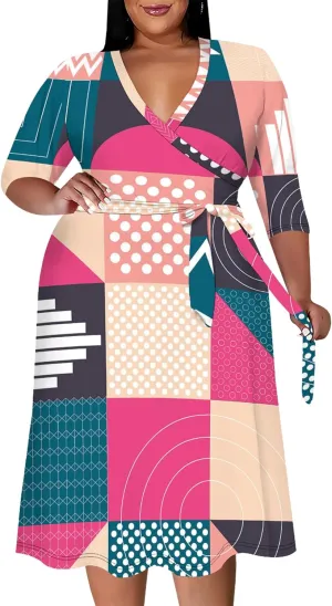 Women's Summer Plus Size Midi Dress 3/4 Sleeves V Neck Sexy Curvy Wrap Geometric Pattern Party Club Dresses with Belt
