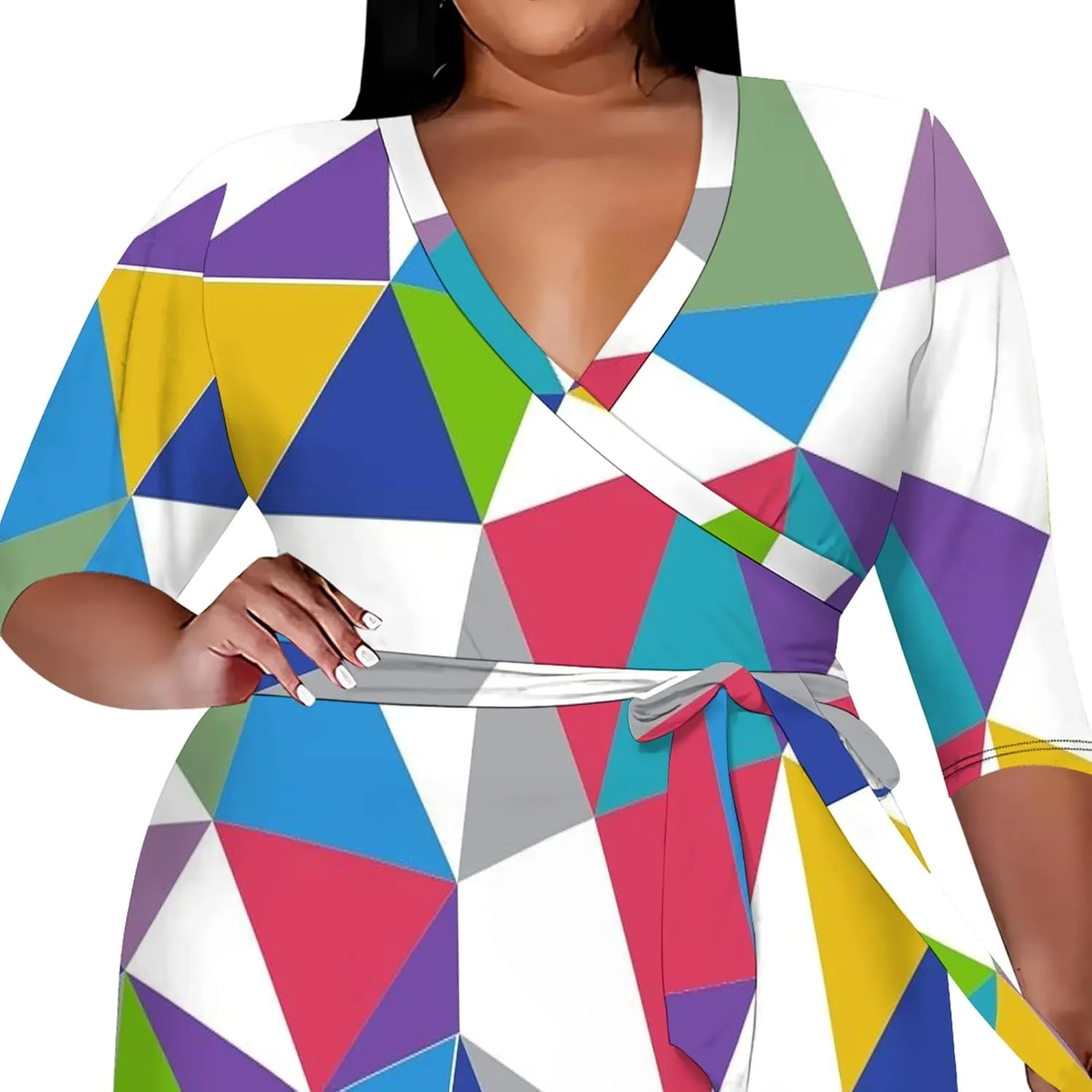 Women's Summer Plus Size Midi Dress 3/4 Sleeves V Neck Sexy Curvy Wrap Geometric Pattern Party Club Dresses with Belt