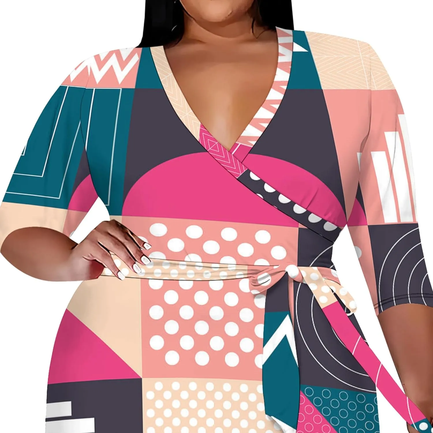Women's Summer Plus Size Midi Dress 3/4 Sleeves V Neck Sexy Curvy Wrap Geometric Pattern Party Club Dresses with Belt
