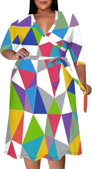 Women's Summer Plus Size Midi Dress 3/4 Sleeves V Neck Sexy Curvy Wrap Geometric Pattern Party Club Dresses with Belt