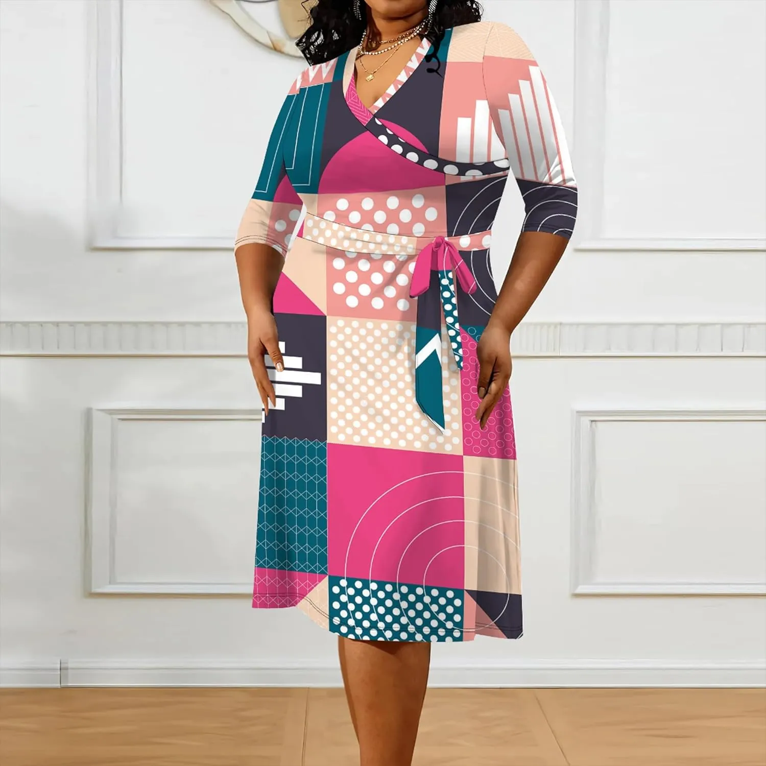 Women's Summer Plus Size Midi Dress 3/4 Sleeves V Neck Sexy Curvy Wrap Geometric Pattern Party Club Dresses with Belt
