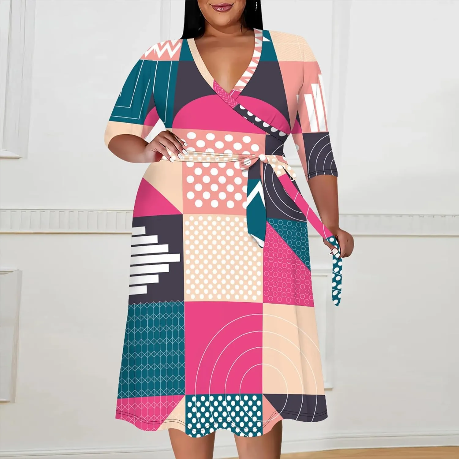 Women's Summer Plus Size Midi Dress 3/4 Sleeves V Neck Sexy Curvy Wrap Geometric Pattern Party Club Dresses with Belt
